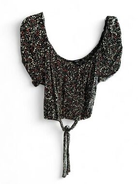 Ambiance Black Ditsy Floral Puff-Sleeve Crop Top with Tie